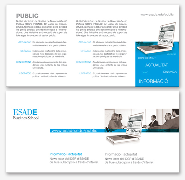 Disseny de newsletter per a professionals IDGP de ESADE adn studio flyer dispensador